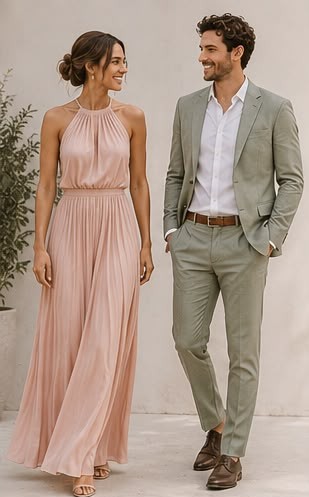 Blush jurk met sage groen pak