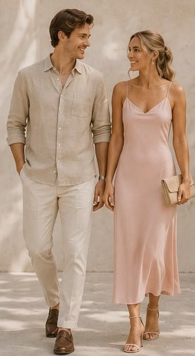 Blush jurk met lichte linnen herenoutfit
