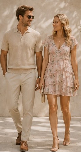 Blush bloemenjurk met beige herenoutfit