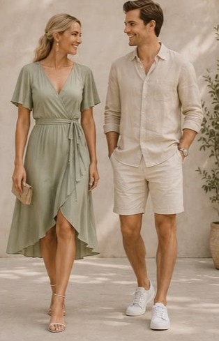 Sage groene jurk met lichte zomerse herenoutfit