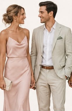 Blush satijnen jurk met licht beige pak
