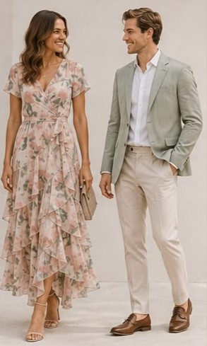 Blush bloemenjurk met sage groen colbert en beige broek